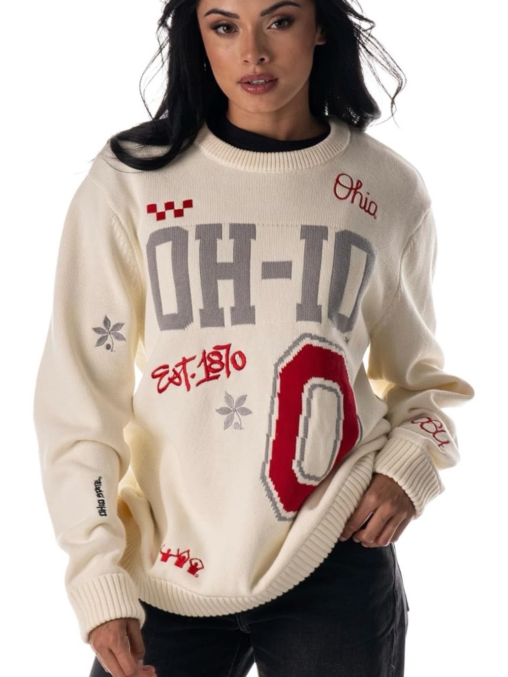 Unisex Ohio Graphic Crewneck Sweater - Cream with Red & Gray Accents Size M